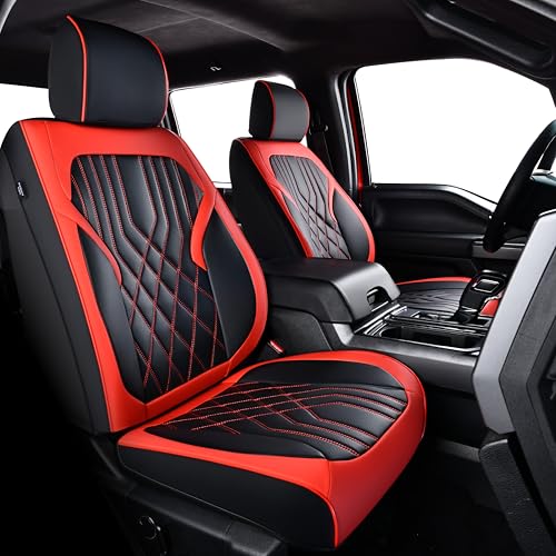 KOSIMAZ Ram Seat Covers, for 2011-2026 Dodge Ram 1500 2500 3500 Classic Crew Cab, for Flat Rear Seats Only, Napa Leather Seat Protector (Full Set, Black&Red) by KOSIMAZ - Used condition - US$127.52