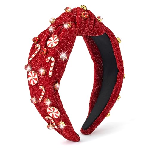 PANTIDE Christmas Jeweled Knotted Headband - Xmas Candy Cane Lollipop Rhinestone Crystal Embellished Headband Wide Top Knot Fashion Glitter Hairband Hair Accessories Birthday Gift for Women Girl (Red)