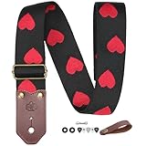 BOONSPARK Guitar Strap - 2' Wide Thick Real Cowhide Ends,Safety,Durable Guitar Straps with Embroidery Red Heart Adjustable Strap for Acoustic,Electric,Ukulele & Bass Guitars,Guitarists Gift Set