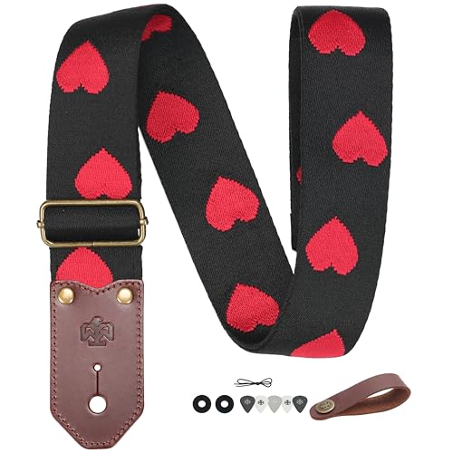 BOONSPARK Guitar Strap - 2" Wide Thick Real Cowhide Ends,Safety,Durable Guitar Straps with Embroidery Red Heart Adjustable Strap for Acoustic,Electric,Ukulele & Bass Guitars,Guitarists Gift Set