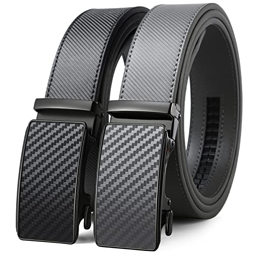 Image of 2 Pack Ratchet Belt 1 3 /8 inch, Mens leather Dress Belt in Gift Set Size 28 inch-62 inch Adjustable waist Trim to Fit
