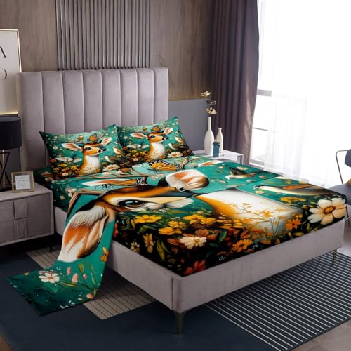 3D Deer Bed Sheets Full Size,Colorful Daisy Flower Bedding Sets 4Pcs,Cute Brids Buttefly Fitted Sheet for Kids Teens Girls Women Room Decor,Nature Animals Plants Top Flat Sheet,2 Pillowcases