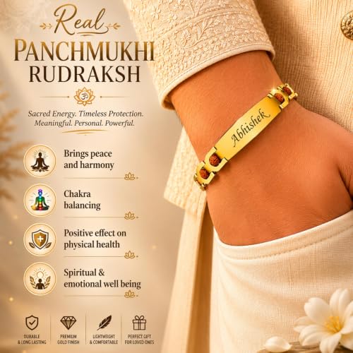 Image of The Wallet Store Personalized 24K Gold Plated Bracelet Style Rakhi for Brother with Real Lab Certified Panchmukhi Rudraksh | Custom Name Engraved Rakhi Bracelet | Raksha Bandhan Gift for Bhai
