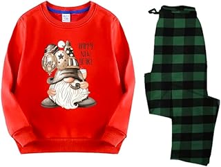 طقم بيجامة للكريسماس، سويت شيرت احمر مع طباعة جنوم، سروال اخضر منقوش، ملابس نوم مقاس (S)