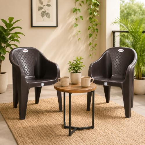 Image of Plastic Arm Chair for Home, Garden, Office, Living Room, Cafeteria Plastic Outdoor Chair | 1 Year Warranty | Color - Brown | Set of 2