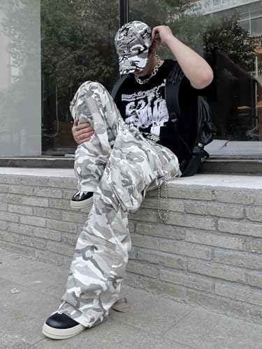 Baggy Denim Cargo Pants for Men with Pockets Mid Weight Wide Leg Hip Hop Skater Jeans Streetwear3