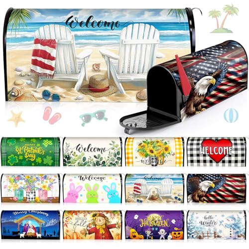 Teenyyou 12 Pcs Seasonal Magnetic Mailbox Covers Standard Size 18 x 21 Inch Summer Beach Mailbox Cover Magnetic Post Letter Box Wrap Decoration for Summer Holiday Garden Yard Home Outdoor Decor