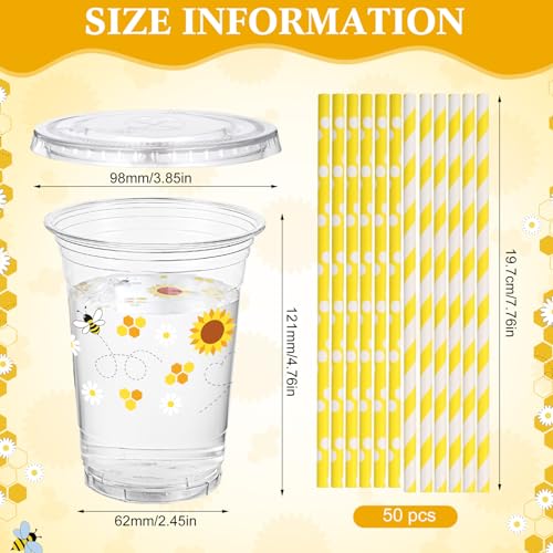 Funnymoom 50 Sets Bee Theme Party Supplies Honeybee Plastic Cups with Lids and Straws 16 oz Clear Honeybee Disposable Drinking Cups Bulk for Bee Theme Party Favors Birthday Baby Shower Supplies by Funnymoom - Used condition - Image 2