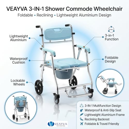 Image of Veayva Shower Commode Wheelchair Folding and Reclining Design for adults, light weight and alluminium frame