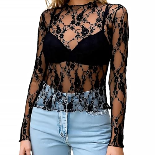Hauts Transparent Femme Sexy en Dentelle à Manches Longues Top Mesh Haut en Maille Chemisier Voir à Travers T-Shirts, S-XL (FR/ES, Alpha/Lettres, TG, Taille Normale,...
