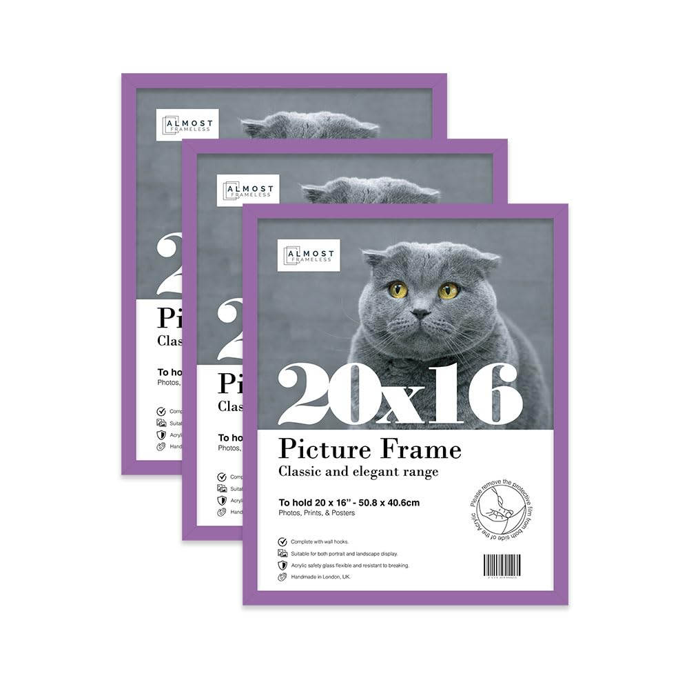 Almost Frameless 20x16 Purple Picture Frame Set of 3, Display 20x16 Picture Gallery Wall, Poster, Photo, Artwork, or Print, Yellow