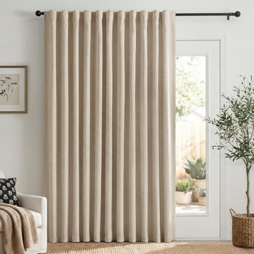 Image of 100% Blackout Shield Linen Blackout Sliding Door Curtains for Living Room, Back Tab /Rod Pocket Thermal Insulated Curtains for Sliding Glass Doors, 1 Panel Set, 100 inch W x 96 inch L, Oatmeal