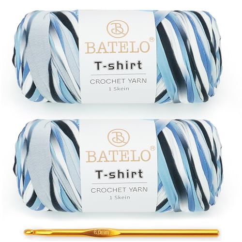 Image of 2 Pack T-Shirt Yarn for Beginner Crochet Bags /Basket /Coaster, 400g /144yds High Elastic Thick Polyester Fabric (White & Blue)