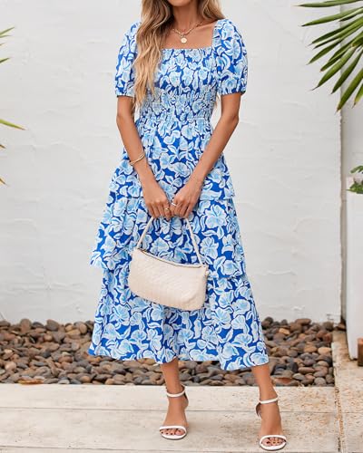 Image of BTFBM Womens Floral Smocked Summer Maxi Dresses | Square Neck Puff Short Sleeve Ruffle Tiered, 2026 Trendy Casual Sundress, Cruise Holiday Beach Vacation Wedding Guest Dress