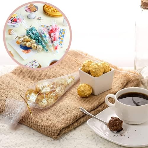 Recon Up 13×25cm Crystal Clean sweet cone bags 100Pcs cellophane bags with Coloured twist ties, Triangle Transparent sweet cones for Halloween Christmas Party Snacks, Chocolates, Candy sweet bags
