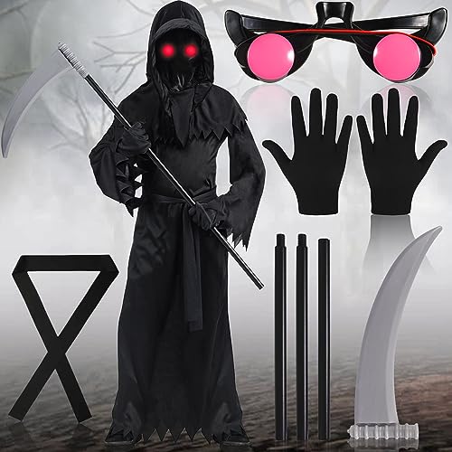 NCKIHRKK Disfraz de Fantasma Halloween, Disfraz Muerte Niño Cosplay Muerte Tenebrosa, con Guadaña, Guantes, Gafas Rojas Luminosas, Disfraces Scream Niño para Carnival Halloween Fiesta, 10 a 12 Años