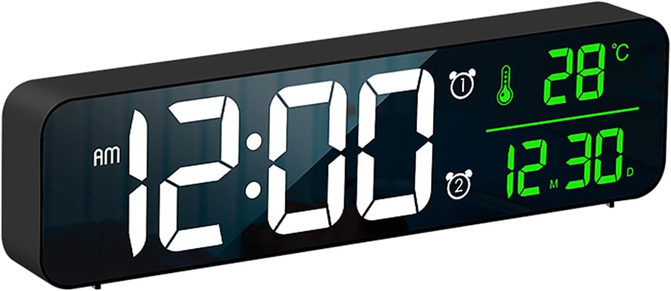 Digital Alarm Clock with Large Display, Automatic Brightness Dimmer Wall Clock with Mirror Design, Dual Alarm, Temperature and Date Display, 40 Melodies
