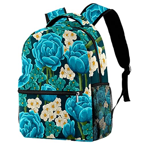 Mochila para portátil ligera de flores rosas azules para bolsas de viaje unisex