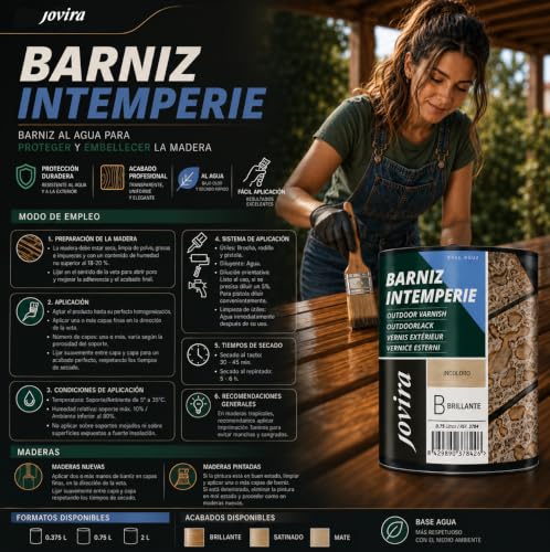 JOVIRA PINTURAS Wetterschutz Klarlack auf Wasserbasis, für die Pflege und Dekoration von Holz im Außenbereich. Wetterfester Lack. (750 ml… – Ansicht 3