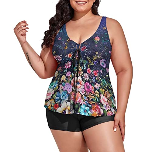 STKOOBQ Tanquíni de duas peças plus size para mulheres, roupa de banho rodada com shorts de esconder
