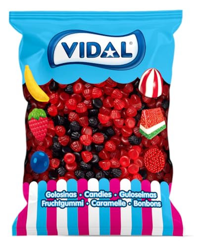 Vidal Golosinas. Moritas Brillo. Caramelos de goma en forma de mora con acabado brillante y sabor intenso a mora. Colores rojo y negro. Sin gluten ni grasa. Bolsa 645 u