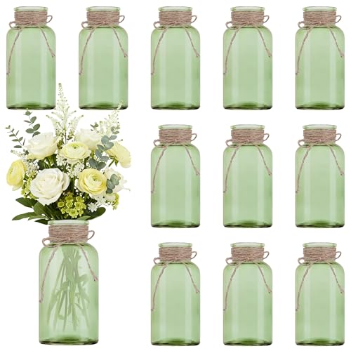 LEYIQU Vintage Glass Flower Vase, Farmhouse Glass Centerpiece Vases Mason Jars for Weddings, Parties & Home Decor Bulk (12, Green)