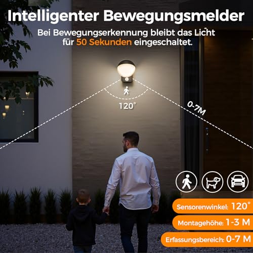 HANDSONIC 18W Außenwandleuchte Außenlampe mit Bewegungsmelder, Warmweiß 3000K LED Aussenlampe mit Bewegungsmelder 350° schwenkbar… – Ansicht 2