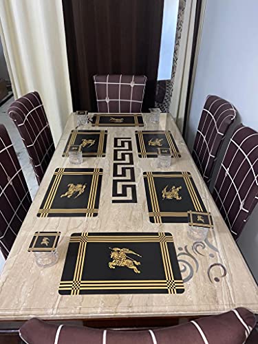 TORODINEART Printed PVC 6 Piece Dining Table Placemat Set with Tea Coasters (Black&Gold)