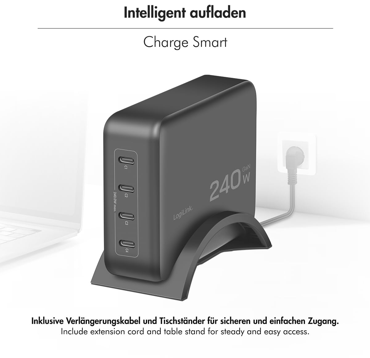 LogiLink PA0353 - Caricatore intelligente GaN (nitruro di gallio) 240 W, 4 x USB-C PD 3.1 (PowerDelivery)