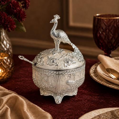 Image of Diviniti Silver Plated Peacock Sugar Pot with Lid | Decorative Storage Jar for Sugar, Mouth Fresheners & Dry Snacks | Luxury Home Decor Item for Dining Table, Kitchen & Gifting (White)