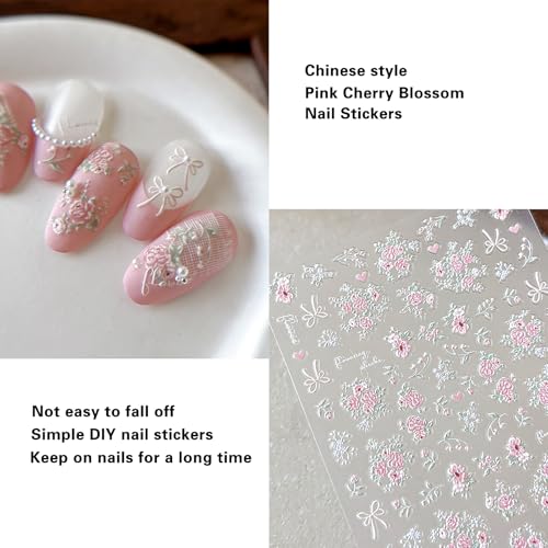 Flower Nail Stickers 2 Sheets 5D Embossed Cherry Blossom Pink Nail Decals Self Adhesive Nail Art Accessories for Creative Nail Design Decorative Nail Wraps — view 4
