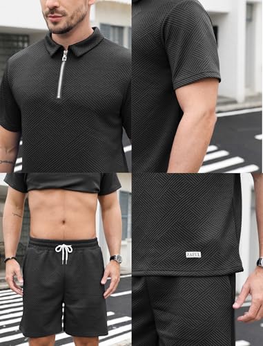Image of ZAFUL Men's 2 Pieces Sets Outfits Summer Beach Set Short Sleeve Button Down Zip Up Shirt And Short Sets