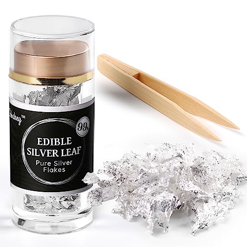 Cobakey Edible Silver Leaf - 50mg Silver Flakes for Cake Decoration (Cupcake Chocolate Steak Drink & Cooking) Edible PureSilver with Edible Glitter & Wooden Tweezers