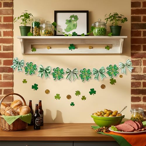 Image of Oudain 2 Pack St. Patrick's Day Paper Garland 6.56 ft Green Irish Clover Banner Lucky Shamrock Bow Hanging Garlands for Rish St. Patrick's Day Mantel Fireplace Wall Decor Indoor Outdoor Parties