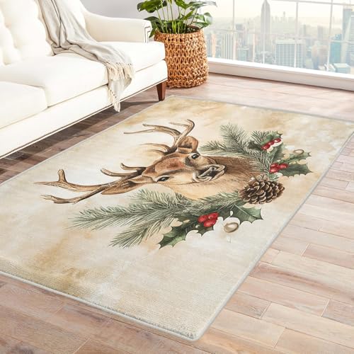AUWUUA Alfombra de Ciervo para Dormitorio Infantil, 60 x 150 cm, diseño navideño de Animales Salvajes para Entrada, Sala de Juegos, Ramas de Pino, piñas, Lavable, Antideslizante