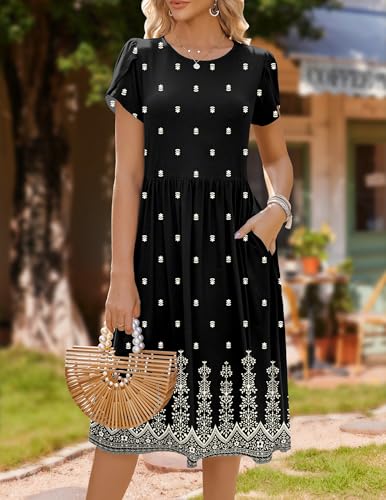 Image of HOTOUCH Women's Summer A-Line Midi Dresses 2026 Casual Floral Short Sleeve T-Shirt Dress Flowy Beach Sundress with Pockets