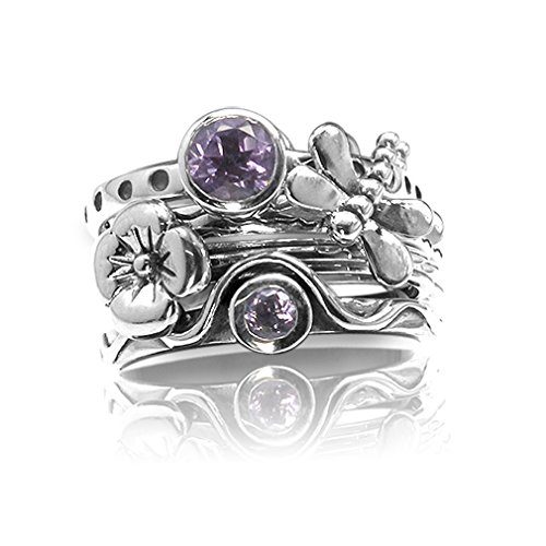 Silvershake Set of 4 Natural Amethyst 925 Sterling Silver Dragonfly and Flower Stack Stackable Rings