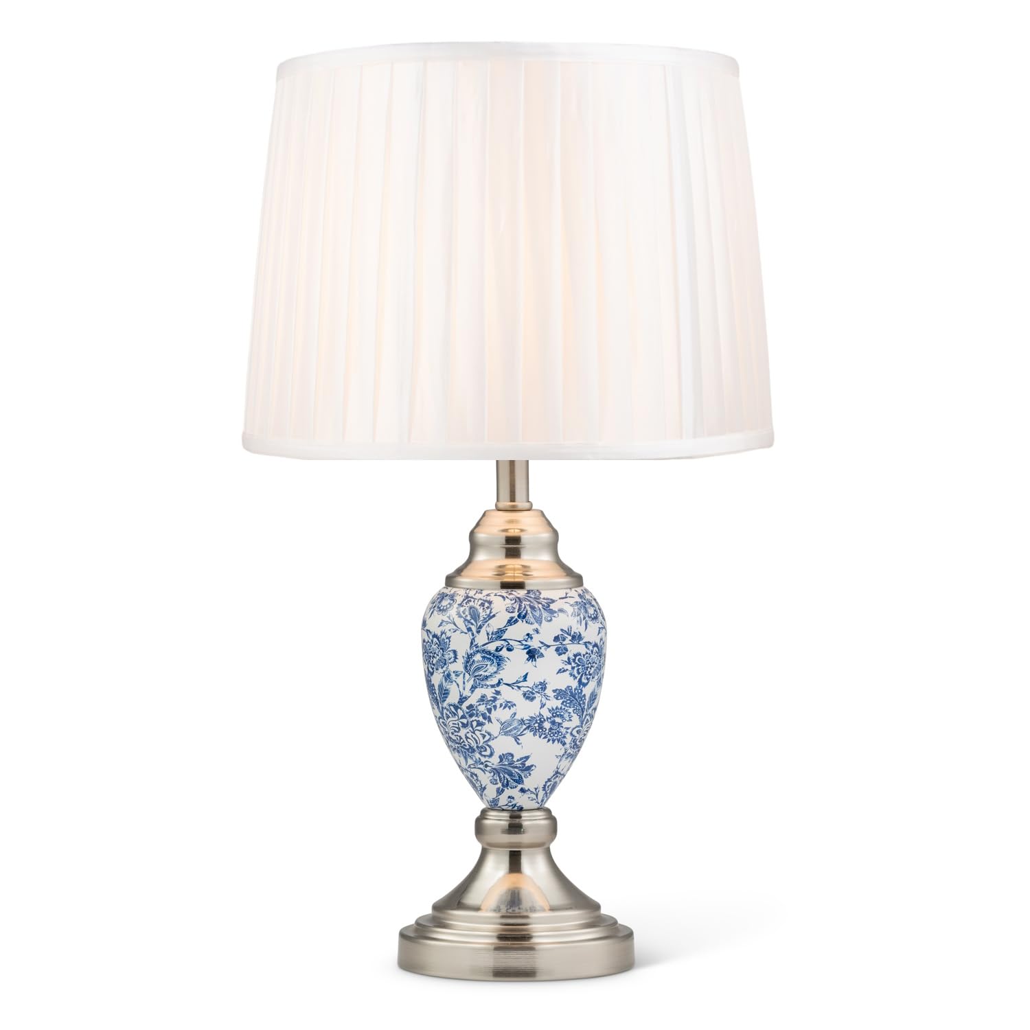 Lighting Supermarket Blue, White And Silver Malham Small Ceramic Table Lamp With Ivory Pleated Shade - Modern White, Blue & Silver