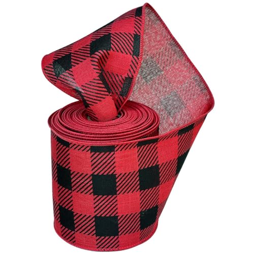 Image of Buffalo Plaid Wired Ribbon Decoration - 4 inch x 10 Yards, Red & Black, Wreath, Farmhouse Decor, Garland, Gifts, Wrapping, Wreaths, Bows, Fall, Christmas, Valentine's Day