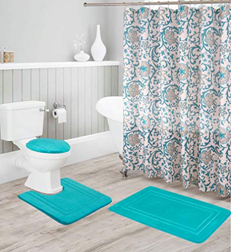 Bathroom Collection16 pc Turquoise Bathroom Accessory Set - Non-Slip Bath Mat, Non-Slip Contour Mat, Toilet Lid Cover and Waterproof Shower Curtain with Rustproof Metal Roller Hooks