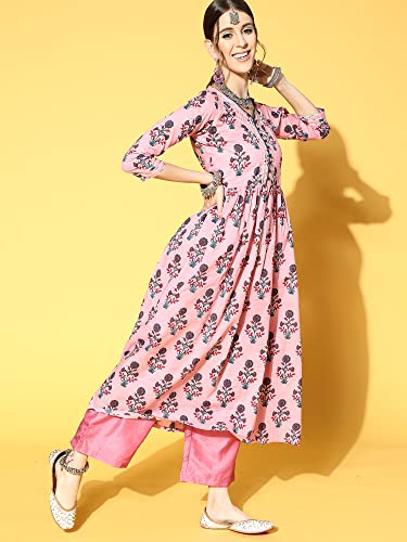 Image of INDO ERA Women's Cotton Blend Floral Printed A-Line Kurta With Pant & Dupatta Set (21GGG3904 Pink)