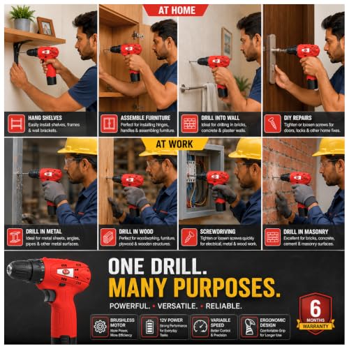 Image of 12V Cordless Drill Driver Home Professional | 24Nm Torque | Cordless ScrewDriver Machine,10mm Chuck | 0-600 RPM | With Drill Kit, 1 Battery & Charger Included 6M Warranty | GPG-BTD-57
