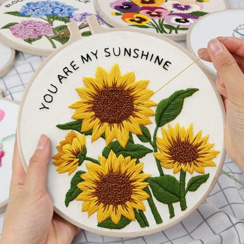 Image of Nuberlic 3 Pack Embroidery Kit for Beginners, Floral Cross Stitch Kit | Beginner Friendly Complete Embroidery Kit With Pre Printed Fabric And Premium Threads