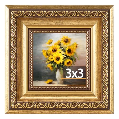 JCJMY 3x3 Vintage Picture Frame Elegant Retro 3 by 3 Photo Frame with Shatter-Resistant Plexiglass for Wall or Tabletop Display Gallery Decor & Gift Gold 1 Pack