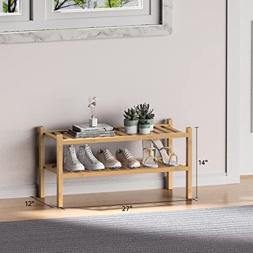 (Thick Bamboo Shoe Rack for Entryway, 2-Tier Free Standing Shoe Racks Stackable Shoe Rack Organizer for Hallway Closet Living Room 27 x12 x14 Inches