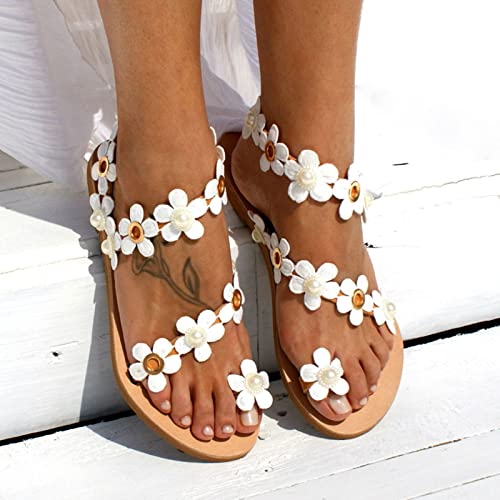 Flat Sandals for Women, White Sandals Woman Dressy Summer, Bohemian Lace Flower Beach Flip Flops Elegant Bridal Sandals Toe Ring Strappy Wedding Sandals for Bride (f-White, 7.5)