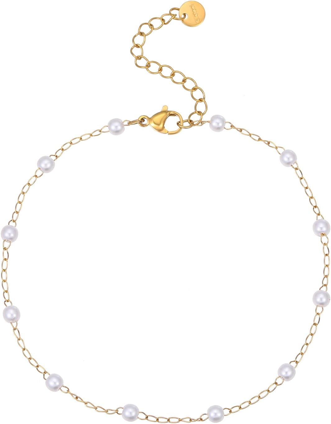 Ankle Bracelets for Women Dainty 18K Gold Plated Anklet Waterproof Round Beaded Paperclip Herringbone Pearl Chain Anklets Waterproof Beach Foot Jewelry