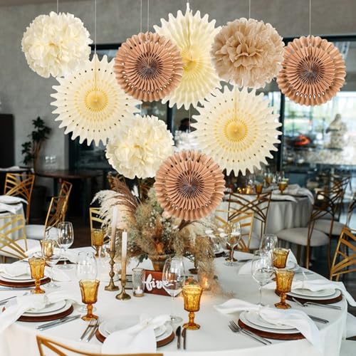 Image of SUNBEAUTY Brown Party Decorations Boho Wedding Party Decor Brown Beige Tissue Pom Poms Paper Fans Hanging Neutral Women Birthday Party Decorations Bridal Shower Baby Shower Rustic Engagement Decor