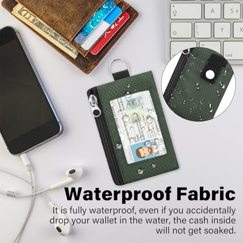 Image of Minimalist RFID Wallet with Lanyard, Multi-Functional ID Case with 2 Zipper Pockets and Key Chain for Men and Women, Tactical Badge Pouch Cards Holder, Coin Purse for Travel Sports-Green