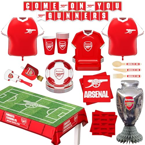 Arsenal soccer team Official licensed Party Supplies Box, 77-Piece All-in-One Set for 6 Guests, Disposable Tableware with Plates, Cups, Cutlery, Jersey Foil Balloons, Decorations